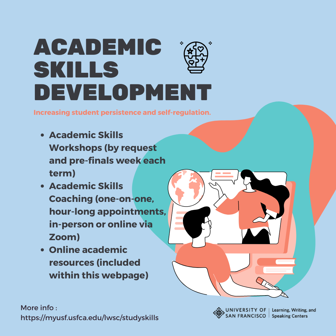 Academic Skills Development: Academic Skills Workshops (by request and pre-finals week each term) Academic Skills Coaching (one-on-one, hour-long appointments, in-person or online via Zoom) Online academic resources (included within this webpage)