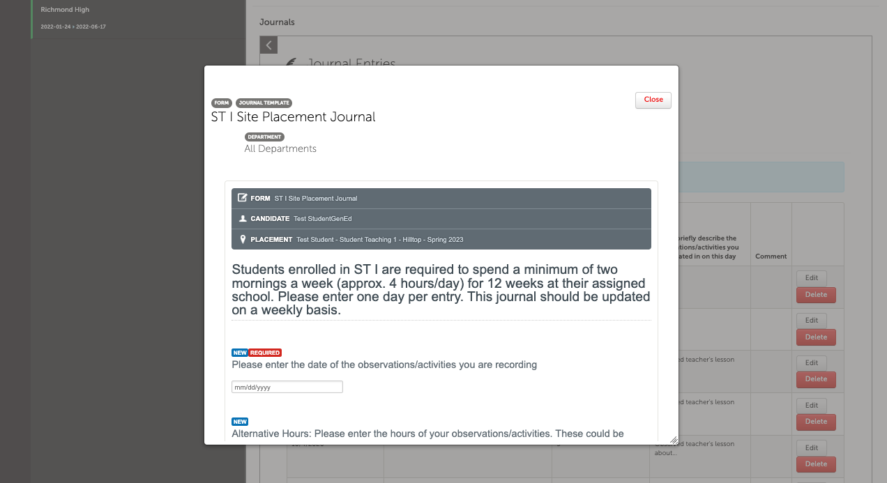 A screenshot of someone logging fieldplacement hours in Chalk & Wire. 