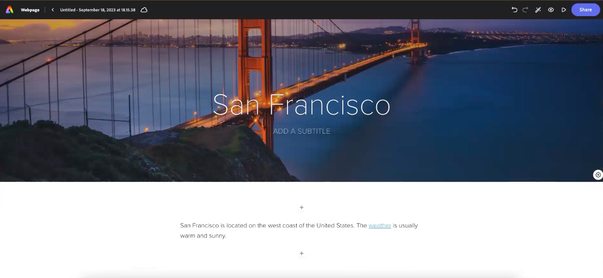 Golden Gate bridge image on Express webpage opening slide with an opening paragraph on San Francisco